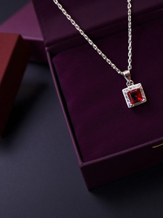 Red Sqaure Diamond Pendant For Women