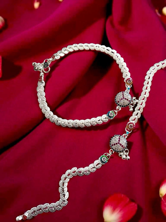 Round White Stone With Red Highlight Ankelet(Payal) For Women