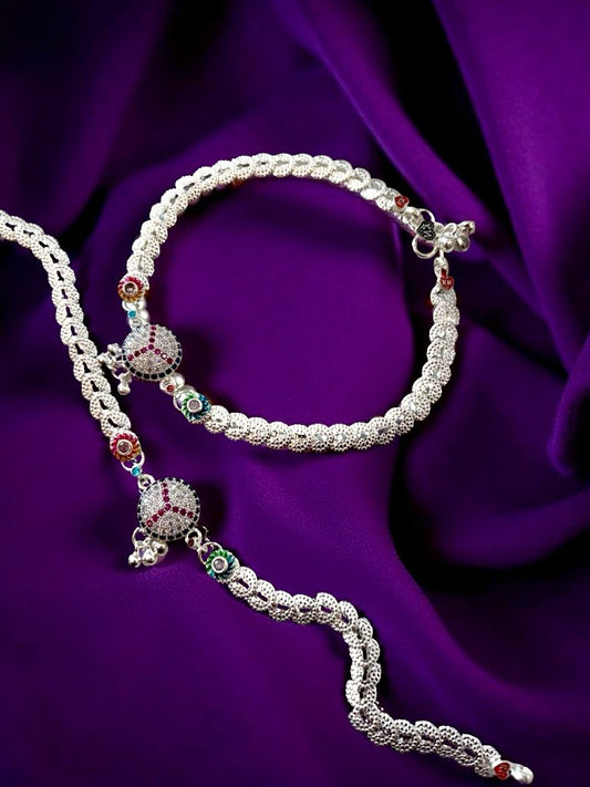 Round White Stone With Red Highlight Ankelet(Payal) For Women