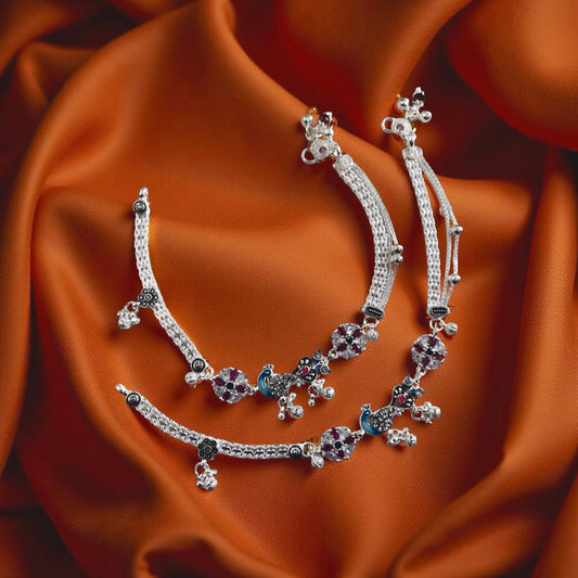 Peacock Oxidized With Red & White Charm Ankelet(Payal) For Women