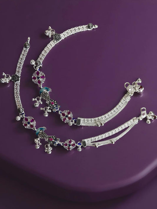 Peacock Oxidized With Red & White Charm Ankelet(Payal) For Women