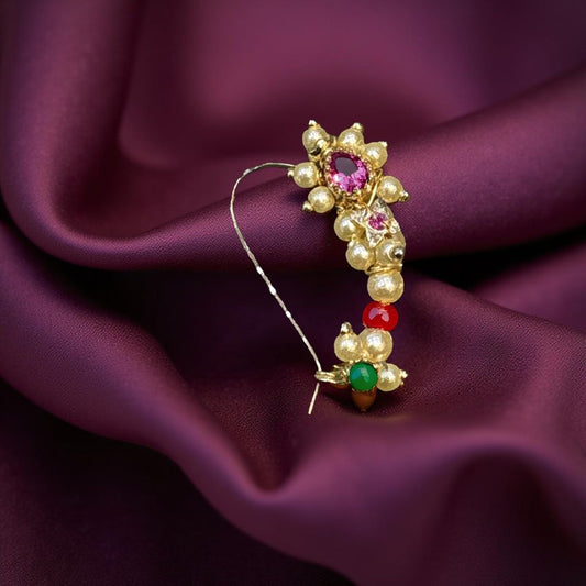 Gold Moti Nath With Pink Stone