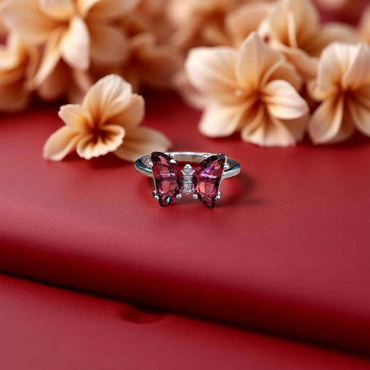 Wine Ruby Butterfly Silver Ring