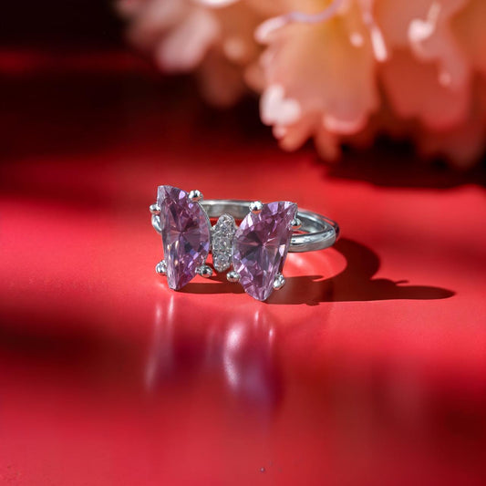 Pink Glossy Butterfly Silver Ring