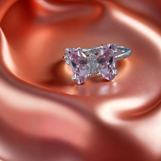 Pink Glossy Butterfly Silver Ring